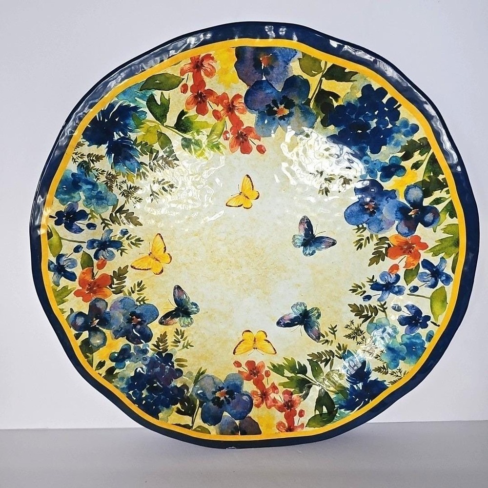 Vtg Pier 1 Butterfly Floral Melamine Serving Platter 18in Round Blue Yellow Tray